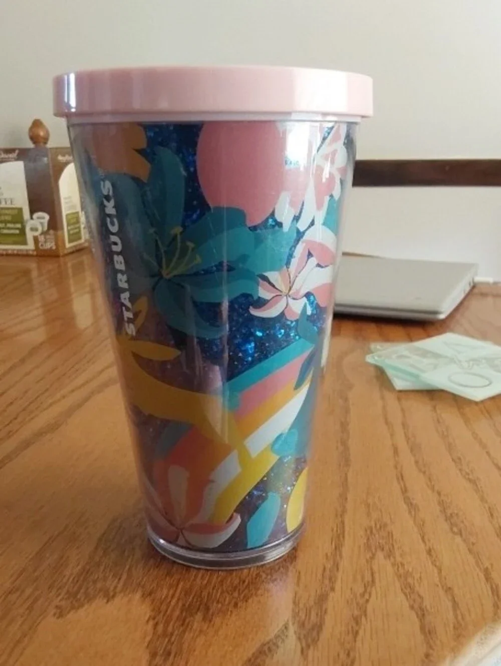 Starbucks Pink Lid Floral Glitter Tumbler with Blue Sparkle